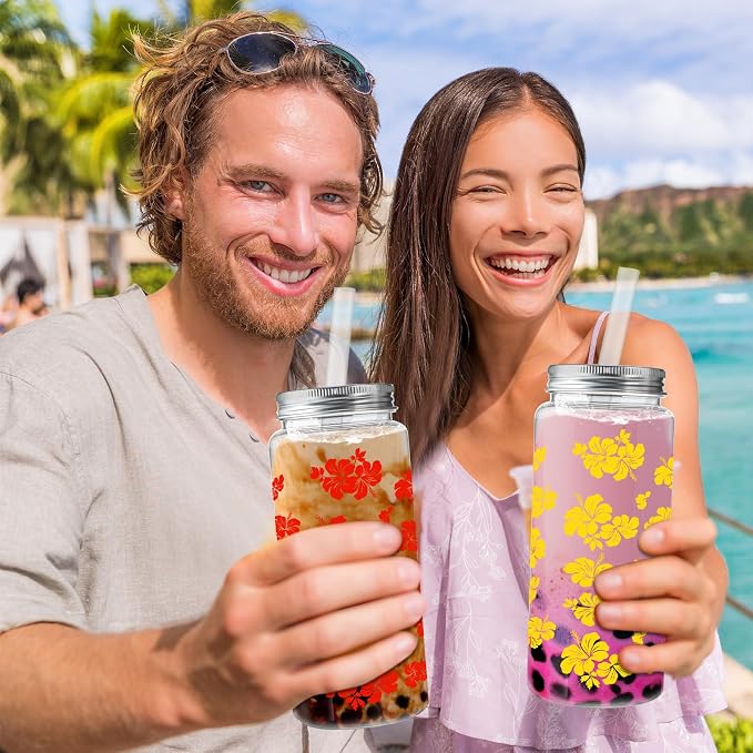 Skylety 30 Pcs 13.5 oz Hawaiian Luau Party Cups with Lids and Straws Hawaiian Hibiscus Party Cups Clear Plastic Tumbler Decorations for Women Sea Summer Birthday Bridal Wedding Reusable Supplies
