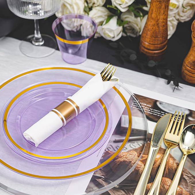 N9R 350PCS Purple Plastic Dinnerware Set for 50 Guests, Gold Disposable Plates for Party, Include: 100 Plastic Plates, 50 Pre Rolled Napkins with Silverware and 50 Cups