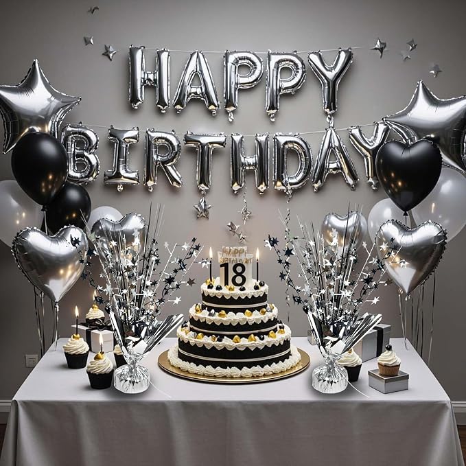 6 Pack Metallic Foil Spray Table Centerpiece Decoration Star Brust Glitter Table Topper Decor for Birthday Graduation Holiday Christmas New Year's Eve Celebration Party Supplies Black Silver