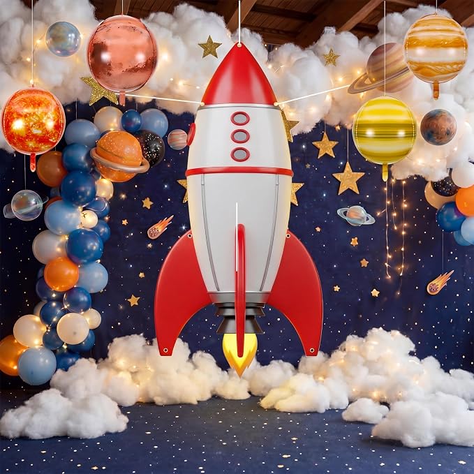 Thenshop Space Classroom Galaxy Decor for 2026 Vbs Ceiling Ornament, 34.45 x 70.87 inch Rocket Ship Backdrop Banner Solar Balloons LED Fairy Lights for Vacation Bible School Class Decor