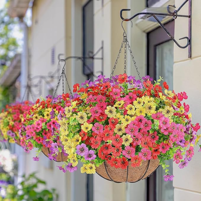 AGIRL 2 Set Artificial Hanging Flowers with Baskets for Outdoors,UV Resistant Fake Hanging Plants for Outdoor Porch Patio Garden, Realistic Silk Flowers for Spring Summer Home Decor