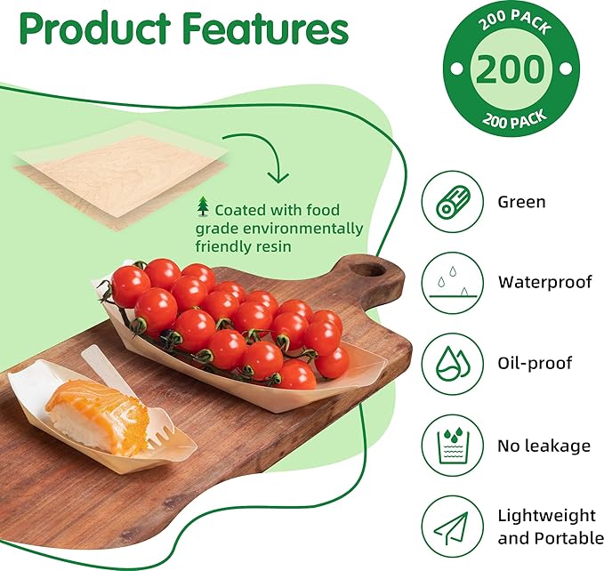 200-Pack Wooden Disposable Plates 6 IN Boat Plates Food Trays Disposable Dessert Plates Disposable Food Boats for Party Weddings Picnic (Actual Size Used: 3.39" D x 1.97" W x 0.63" H)
