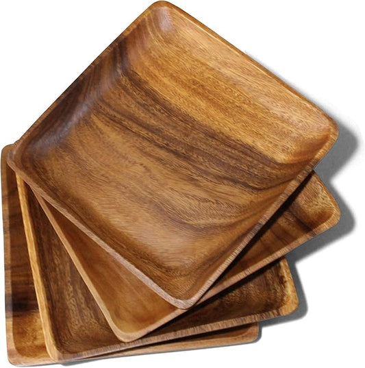 Set of 4 Acacia Wood Plates, 10 Inch Square Wooden Plates, Solid Wood Plate Set for Dinner, Wooden Plates for Food, Wood Serving Plate Board Alternative