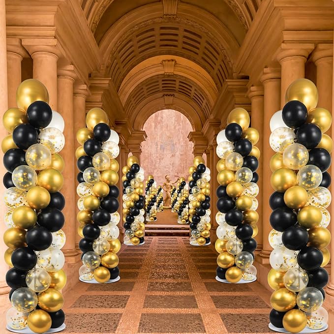 2 Set Black and Gold Balloons Column Stand Kit with 100 Balloons Adjustable Balloon Stand with Bases for Floor Black Gold Confetti Balloon Column Kit for Bridal Shower Valentine Birthday Party Decor