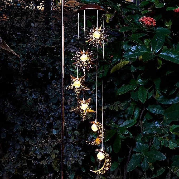 Tryme Solar Wind Chimes for Outside with Sun Moon Star Solar Hanging Lights Windchimes Outdoors Garden Decor Gifts for Mother, Grandma, Sister