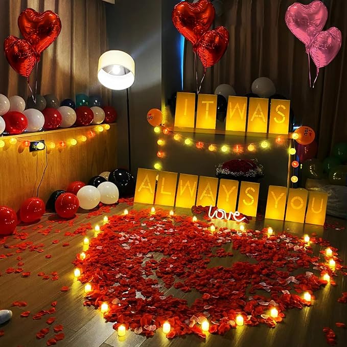 It Was Always You Lighted Letters Sign 8pcs Luminary Paper Bags 2000pcs Red Pink Artificial Rose Petals 48pcs Flameless LED Candle Tealight 10pcs Heart Balloons Romantic Night Valentine's Day Decor