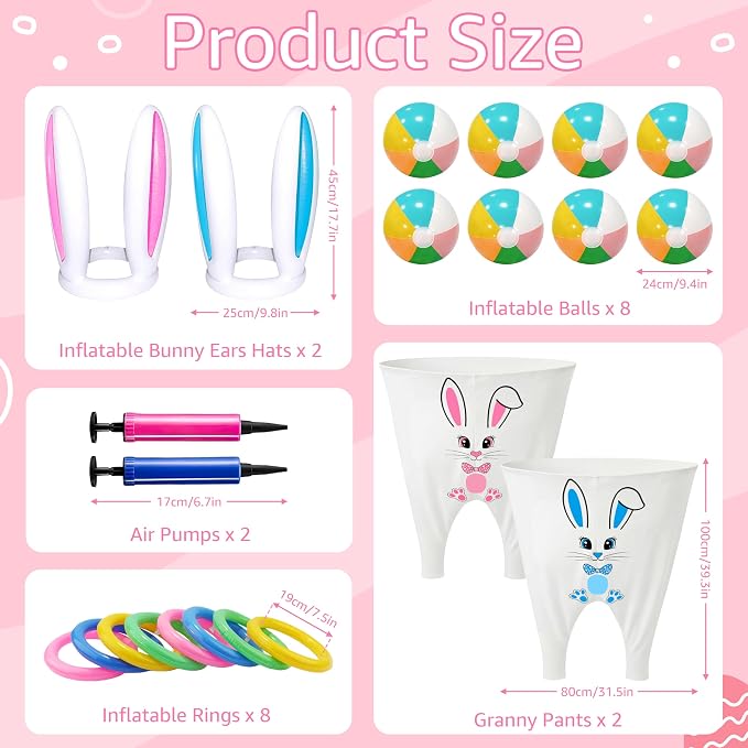 Letsroar Easter Granny Pants Yard Game Inflatable Bunny Ears Ring Toss Game Set with Bouncy Balls Pump for Adults - Outdoor Lawn Games for Easter Parties, Spring Festival and Tailgate Parties