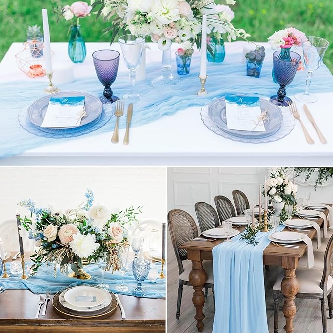 8 Pack Baby Blue Cheesecloth Table Runner 10Ft Gauze Cheese Cloth Table Runner 35 x120Inch Boho Table Runners Romantic Table Cover for Wedding Engagement Bridal Baby Shower Birthday Party Table Décor