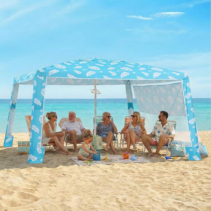 Zeraty Beach Cabana 8'×8', Portable Beach Canopy with Side Wall, UPF 50+ Silver-Coated Beach Tent Sun Shelter Easy Pop Up, Wind Resistant Adjustable Height Beach Umbrella Tent for Family, Lagoon