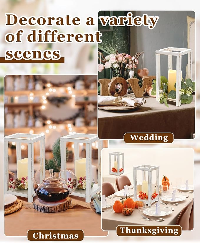 Huquary 24 Pcs/12 Set Wooden Wedding Lantern Centerpiece Rustic Lantern Candle Holders with Flameless LED Candles for Home Christmas Wedding Party Table Decoration(White)