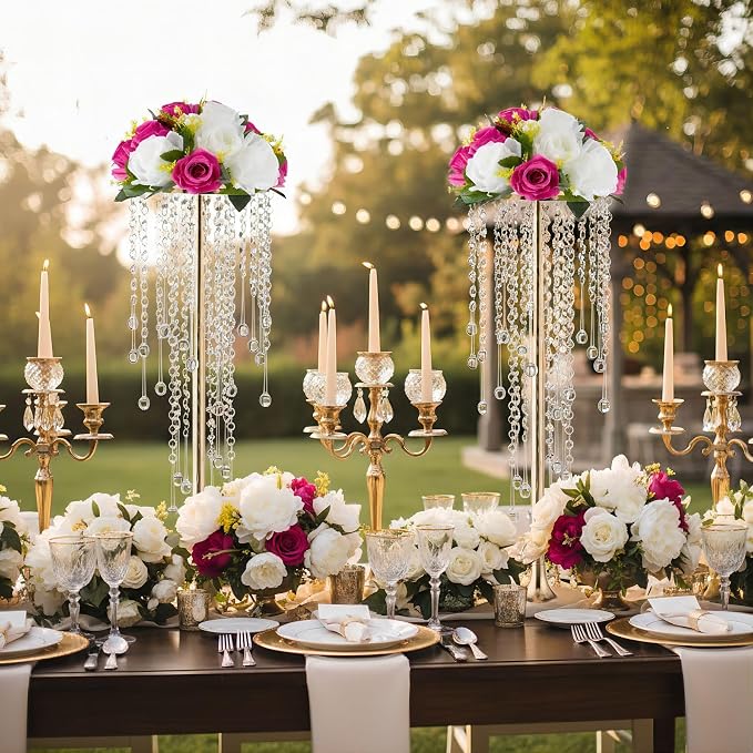 Bigsee 10 Pcs 21.65 inches Crystal Flower Stand Wedding Centerpieces for Tables, Tabletop Gold Metal Flower Arrangement Holder, Elegant Bulk Metal Vases for Reception Party Ceremony Decoration