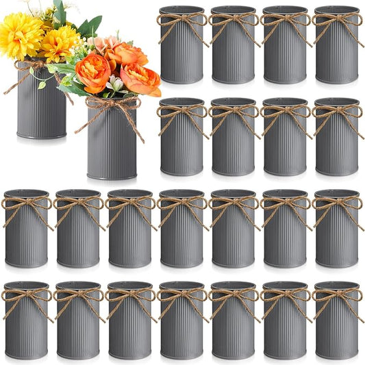 Rustic Vase for Table Centerpieces 4.33 Inch Small Petite Flower Vase with Twine Bow Vintage Farmhouse Decor for Wedding Reception Dining, Home Galvanized Metal Buckets(Gray,24 Pcs)