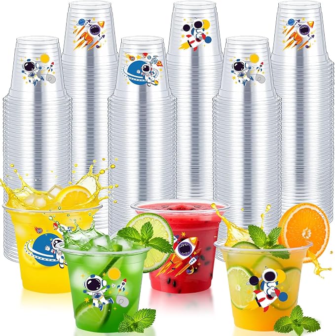 Geyoga 100 Pcs Space Party Plastic Cups 12 oz Astronaut Disposable Clear Cups Bulk Outer Spacer Birthday Party Supplies for Cold Juice Beverage Holiday Favor