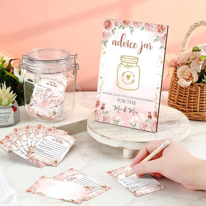 Jetec 74 Pcs Advice and Wishes for the Mr and Mrs 60 Pcs Wedding Advice Cards Advice and Wishes Jar Box Bridal Shower Advice and Wishes Cards for Bride and Groom Bridal Shower Decor(Pink Floral)