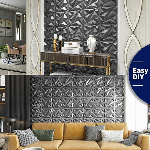 Art3dwallpanels 33 Pack 3D Wall Panel Diamond for Interior Wall Décor, PVC Textured Wall Panels, 12''x12'' Cover 32.Sq.Ft. Silver