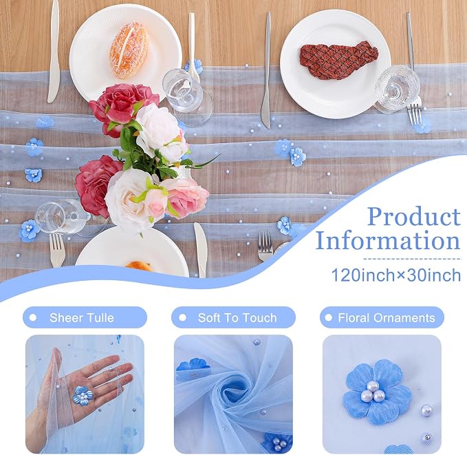 BINBE Flower Pearl Table Runner Spring Summer Rustic Boho 10ft Tulle Table Runner for Baby Shower Wedding Veil Holiday Dessert Table Decor Blue