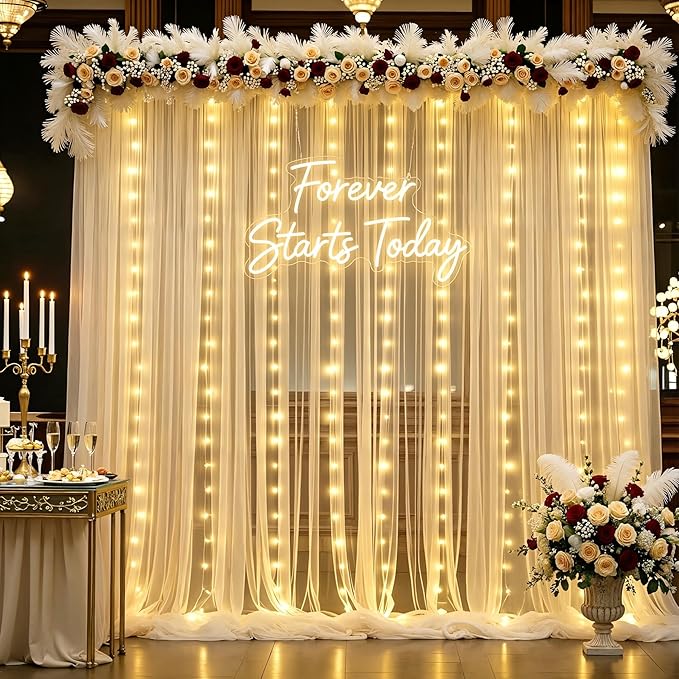 20×12ft Champagne Tulle Backdrop Curtain with Lights String for Parites Sheer Fabric Backdrop Curtains for Wedding Baby Shower Birthday Party Backdrop Drapes Photo Shoot Background 4 Panels 5ft×12ft
