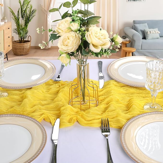 6 Pack 10FT Lemon Yellow Cheesecloth Table Runner 120 Inch Long Gauze Rustic Boho Spring Cheese Cloth Table Runner Sheer Fabric Decorations for Holiday Party Wedding Banquet Bridal Baby Shower Décor