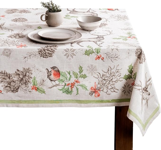 Maison d' Hermine Table Cloth Rectangle Table 100% Cotton 60 x 120 Inches Fall Tablecloth Reusable Everyday Use for Thanksgiving Christmas Decorations Dining Farmhouse Party (Christmas Dew)