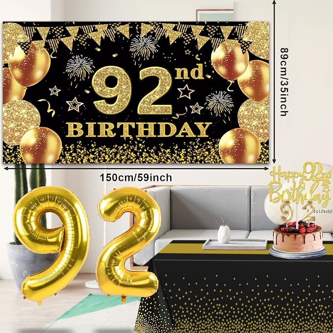 92nd Birthday Decorations Men Women with 92nd Birthday Banner, Black and Gold Table Cloth, Number Balloons, Large Sash, Cake Topper and Candles