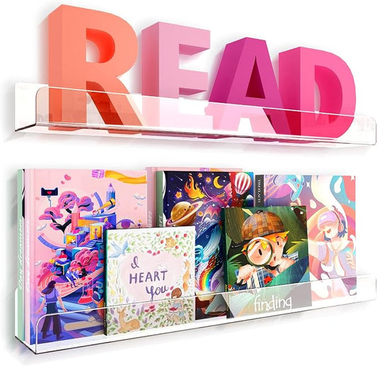 24 inches Wall Mounted Kids Bookshelf, Clear Acrylic Display Book Shelves for Kids Room Nursery Toddler Classroom 2 Packs