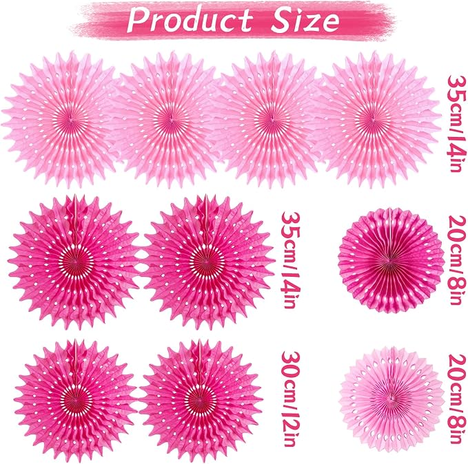 SUNBEAUTY Hanging Honeycomb Paper Fans, 12Pcs Hot Pink Hanging Tissue Paper Flowers Party Decorations for Wall, Pink Birthday Paper Decor for Baby Shower, Graduations, Bachelorette, Wedding, Room