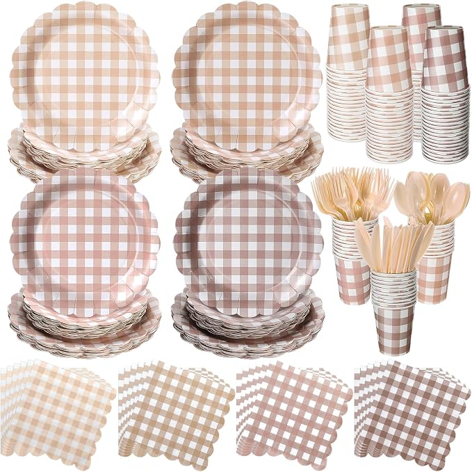 Yaomiao 168 Pcs Gingham Plates and Napkins Beige Plaid Disposable Dinnerware Sets Brown Gingham Plates Cups Napkin Knife Fork Spoon Serve 25 Guests for Wedding Baby Shower Birthday Party Supplies
