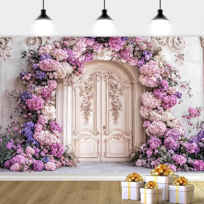 15X10ft Flower Backdrop Purple Floral Arch Retro Door Photography Backdrops Modern Interior European Style Wall Decoration Wedding Portrait Background Studio Photo Booth Props