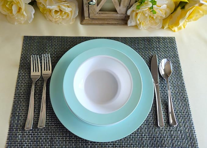 OCCASIONS 50 Piece Heavy Duty Disposable Plastic Plates Set for 25 Guests – 10.5" Dinner & 7.5" Dessert Plates, Premium Party Plates for Weddings, Events, Parties – Rio, White & Pearled Turquoise Blue
