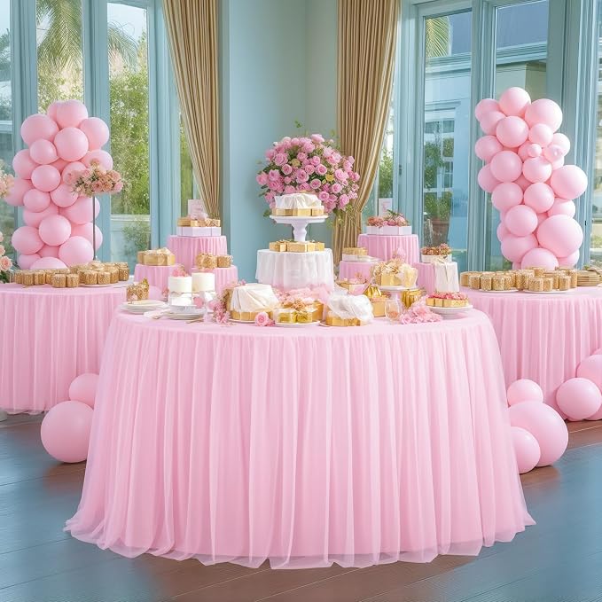 HB HBB MAGIC Light Pink Round Tablecloth 60 inch Stretchy Elastic Fitted Round Table Cloth Cover, Pink Table Cloths for Parties Tulle Table Cloth with Skirt Wedding Bridal Shower Tables Decoration