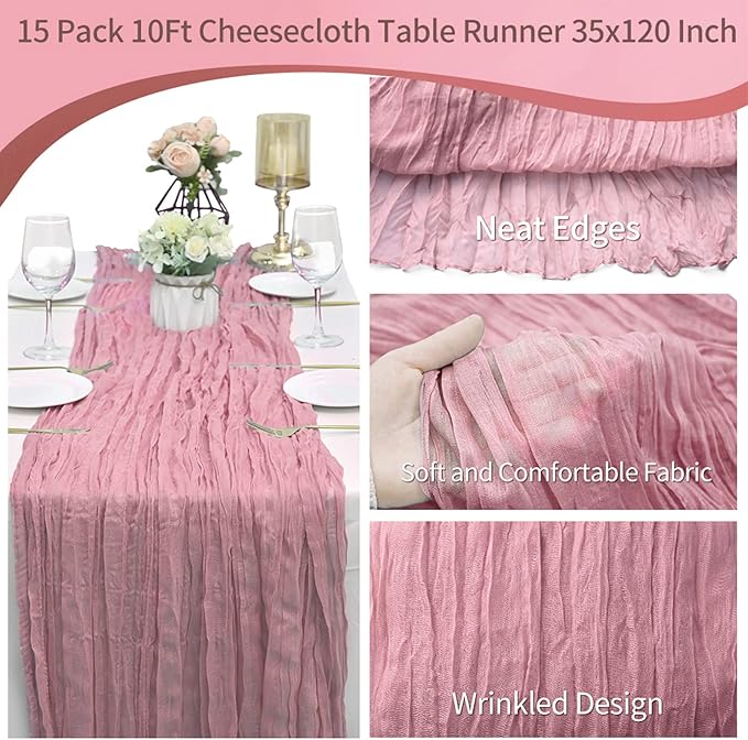 15 Pack Dusty Rose Cheesecloth Table Runner 10Ft Gauze Cheese Cloth Table Runner 35 x120 Inch Boho Table Runners Coffee Table Cloth for Wedding Birthday Party Engagement Bridal Baby Shower Table Decor
