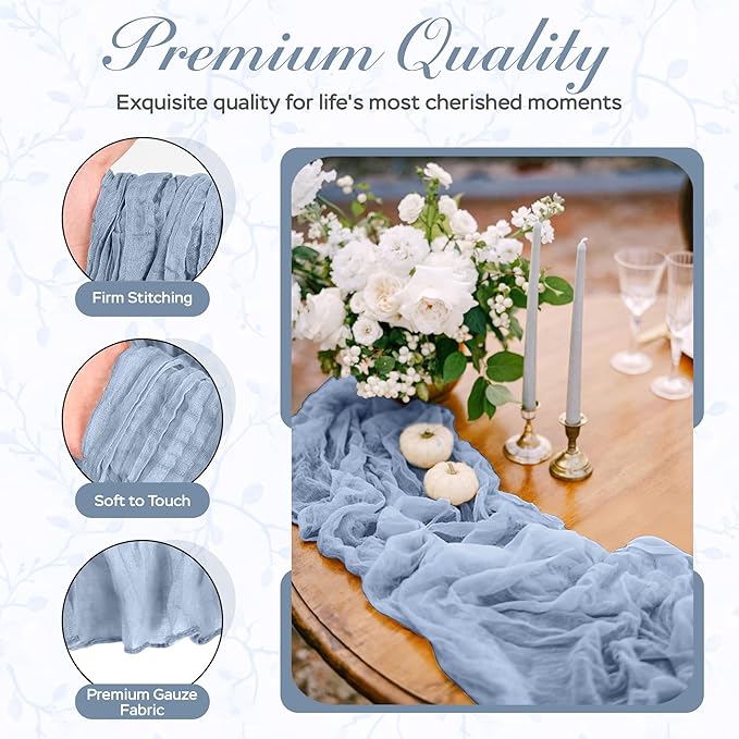 Cheesecloth Table Runner 8 Pack – 35x120 Inch (10ft) Boho Rustic Gauze Cloth Runners – Crinkle Polyester Table Decor for Wedding, Baby Shower, Bridal Shower, Birthday Party and More (Dusty Blue)