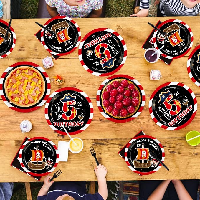 96Pcs Pirate 5th Birthday Party Decoration Pirate Fifth Birthday Plates and Napkins Red Black Ship Skull Disposable Paper Tableware Set for Kids Boys 5 Year Old Party Supplies Serves 24