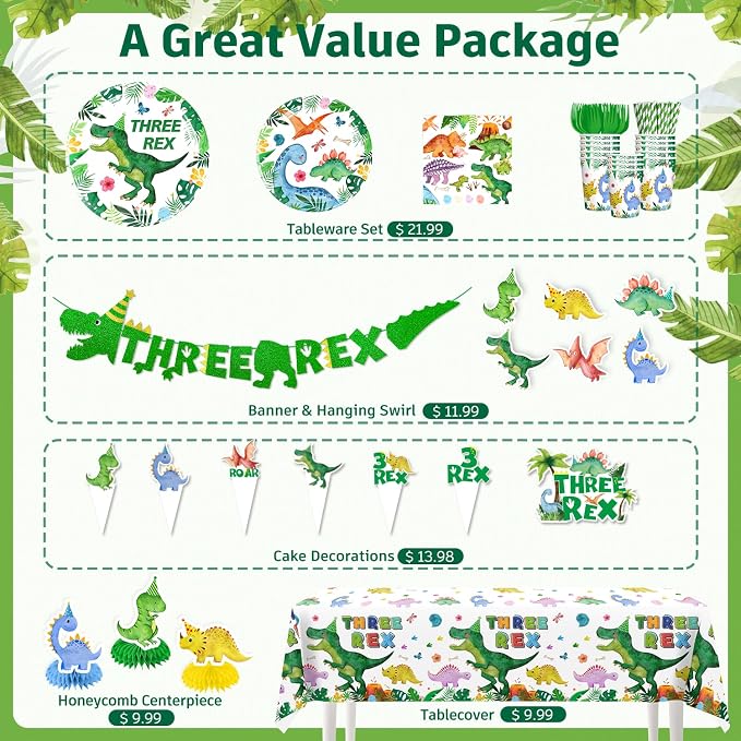 Three Rex Birthday Decorations Boy - 187 Pieces Set for 25 Guests, Includes Tableware, Banner, Hanging, Balloon, Cupcake Topper, Tablecloth- Perfect for 3rd Birthday & Dinosaur Theme Parties