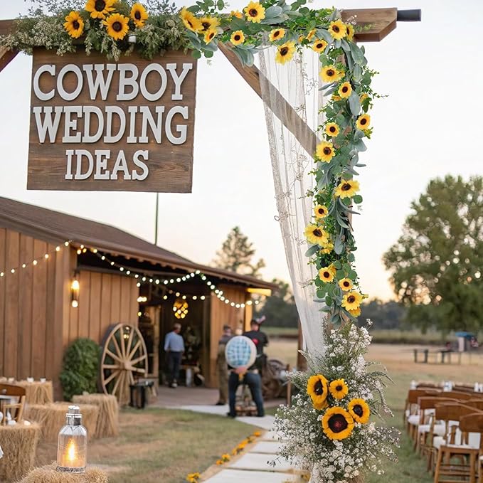 7.5FT Artificial Sunflower Garland with 30 Lights Silk Sunflower Vine Fake Flowers Summer Garland Prelit Lights for Mantle Baby Shower Wedding Arch Front Door Porch Staircase Decor (1 Pcs)