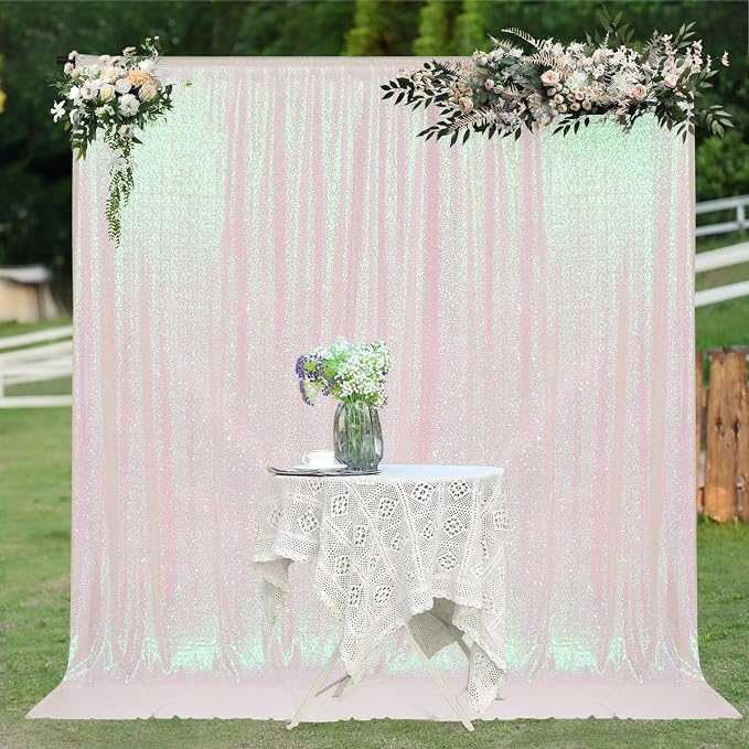 PartyDelight Iridescent White Sequin Backdrop 6x7ft 4 Inch Rod Pocket | Iridescent white 3mm sequins show pink and purple tones under light on mesh backing for photos arches stages and party walls