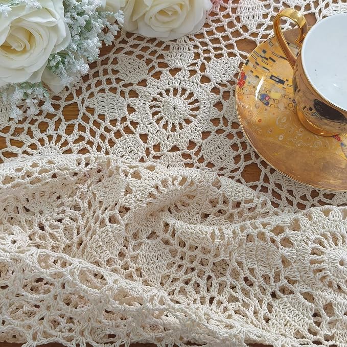 USTIDE 100% Cotton Handmade Crochet Square Tablecloth Beige Doilies Lace Table Covers 31.5 Inch