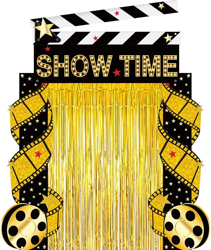Peryiter 5 Pcs Movie Night Party Decorations Set, Movie Theme Door Banners Gold Tinsel Curtains Double Sided Tape for Film Night Party Supplies