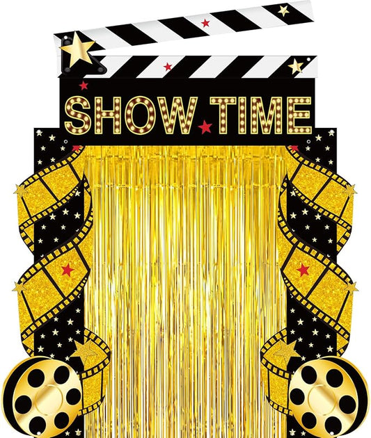 Peryiter 5 Pcs Movie Night Party Decorations Set, Movie Theme Door Banners Gold Tinsel Curtains Double Sided Tape for Film Night Party Supplies