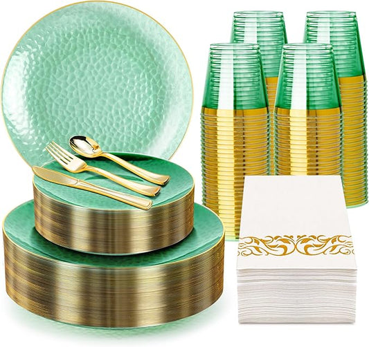350PCS Green Gold Plastic Dinnerware Set, Green and Gold Plastic Plates, Include 100 Plastic Plates, 150 Gold Disposable Silverware, 50 Cups and 50 Napkins for Party and Wedding