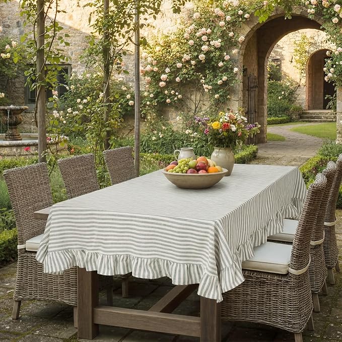 Boao Cotton 52 x 70 Inch Farmhouse Ruffle Tablecloth Sage Green White Striped Flounces Trim Table Cover for Rectangle Table Kitchen Party Wedding Decor