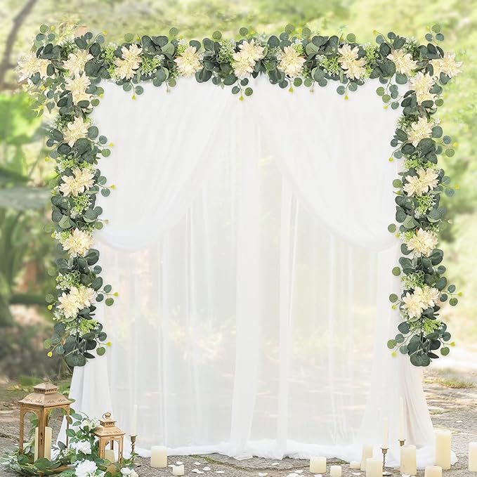 Dremisland 4 Pack Artificial Eucalyptus Flower Garland with Champagne Dahlia Flower, 24FT Fake Champagne Flower Greenery Garland Hanging Floral Vines for Wedding Home Party Wall Table Runner Decor