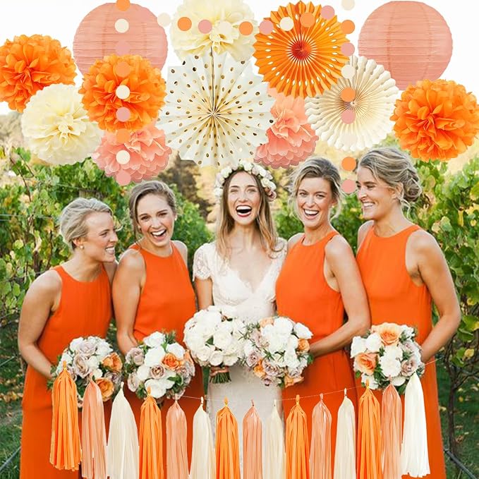 Orange Beige Fall Boho Birthday Party Decorations Autumn Sweet Peach Birthday Women Girls Groovy Paper Lanterns Tissue Pom Poms Paper Fans Tassel Gralands Fall Orange Birth day Party Decoration