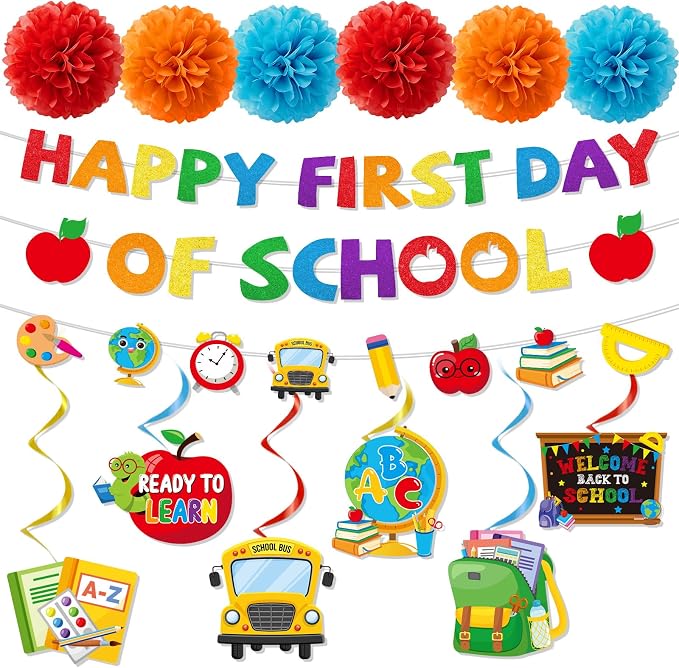 Welcome Back to School Decorations - 15PCS Happy First Day of School Party Banner Hanging Swirls Paper Pompoms, Welcome First Day of Classroom Party Decor Supplies