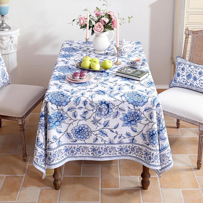 ISAENNE Designer French Linen Square Small Tablecloth,55"x55"-BlueWilow | Chinoiserie Vintage Elegant Table Cloth,Blue Floral Pattern,Beautiful,Dining Room,Kitchen,Tea Party,Thanksgiving,Decor