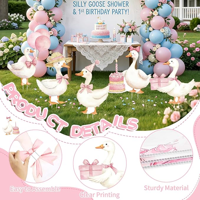 5Pcs Silly Goose Baby Shower Decorations, Pink Large Goose Cardboard Cutout Standup, Geese Birthday Party Sign for Photo Booth Props Backdrop Garden Entrance Decor Cartoon Party Supplies