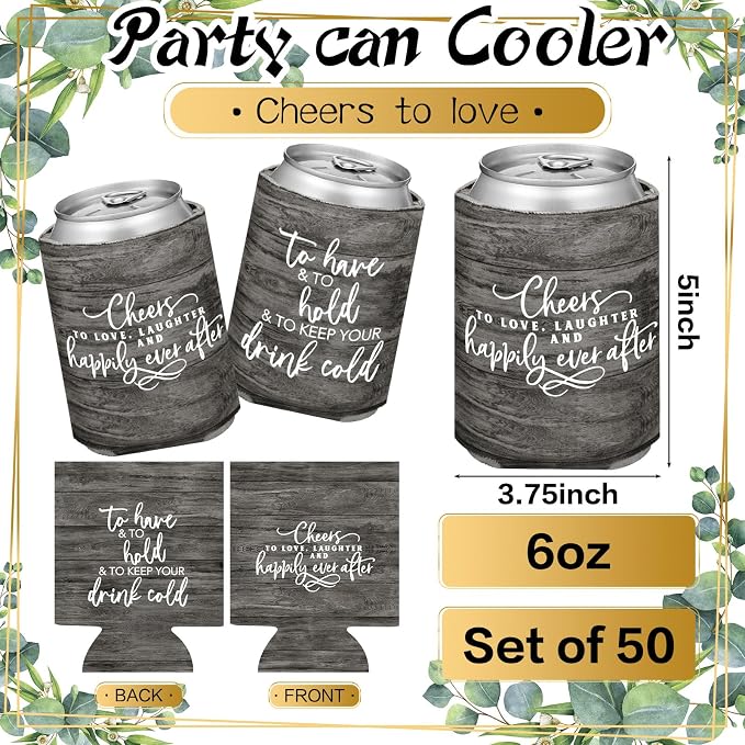 Qinyoung 50 Pieces Wood Grain Wedding Can Cooler Sleeves Bulk Engagement Party Favors for Guests Cheers to Love Laughter and Happily Ever After Rehearsal Dinner Decorations for Wedding Bridal