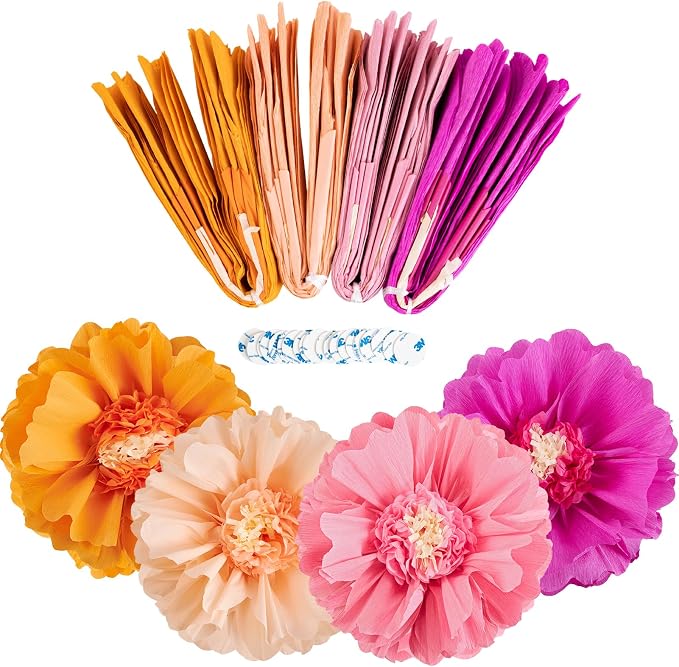 SUNBEAUTY Large Paper Flowers Decorations 4PCS 20'' Pink Orange Giant Paper Flowers Large Crepe Tissue Flower Decorations for Girls Women Birthday Baby Shower Spring Summer Wedding Wall Decor