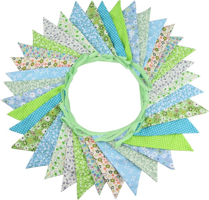10M/32Ft Triangle Bunting Banner, 36 Pcs Cotton Fabric Flags Pennant Garlands for Birthday Party, Wedding, Baby Shower, Outdoor and Home Decorations (Green)