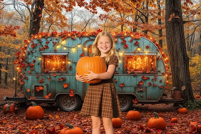 5 x 3 ft Fall Forest Backdrop Autumn Pumpkin Maple Leaves RV Farm Banner Decorations Harvest Thanksgiving Day Themed Party Kids Adults Portrait Photo Shoot Prop